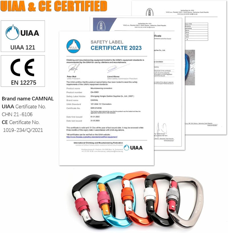 CAMNAL Heavy Duty Carabiner UIAA Certified Locking Carabiner 25KN (About 5620 lbs) Screw Lock Carabiner D Shape Carabiner Clip for Rock Climbing, Mountaineer, Aerial Work - Image 2